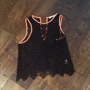 Black Lace Sleeveless Top with Orange Trim